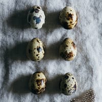 six quail eggs on grey cloth