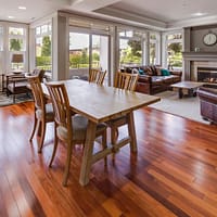 rectangular brown wooden table and chair set