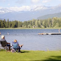 two persons sitting on grass facing the lake