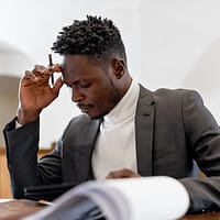 man sitting in a table while thinking