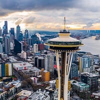 Aerial view of city buildings in Seattle