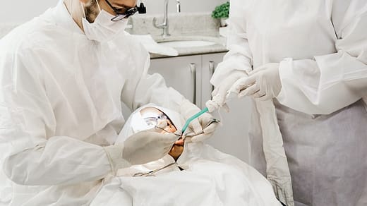 woman in white scrub suit holding white and green hose