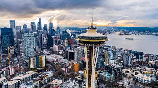 Aerial view of city buildings in Seattle